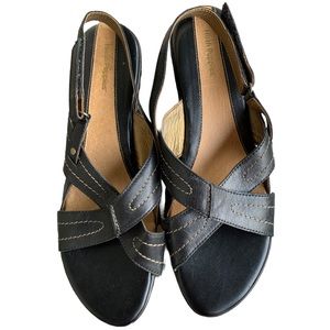 Slingback sandals with velcro straps. R foot heel flaw (view pic)